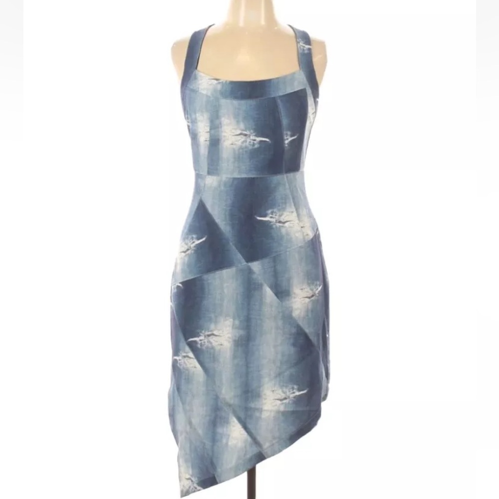 Save the Queen Dress Blue Faux Denim Print Racerback fitted Bodycon XS Italy